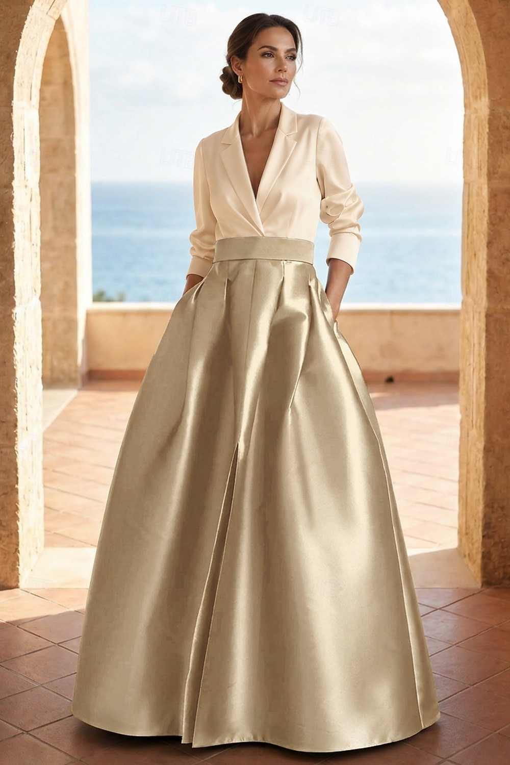 Linea ad A Lunghezza al pavimento Abito da Sera Da principessa Abito formale Elegante Festa Monocolore Manica Lunga Scollo a V Matrimonio Cravatta nera Invitato a matrimonio autunnale Raso Tessuto del 2026 a $172.99 –P9