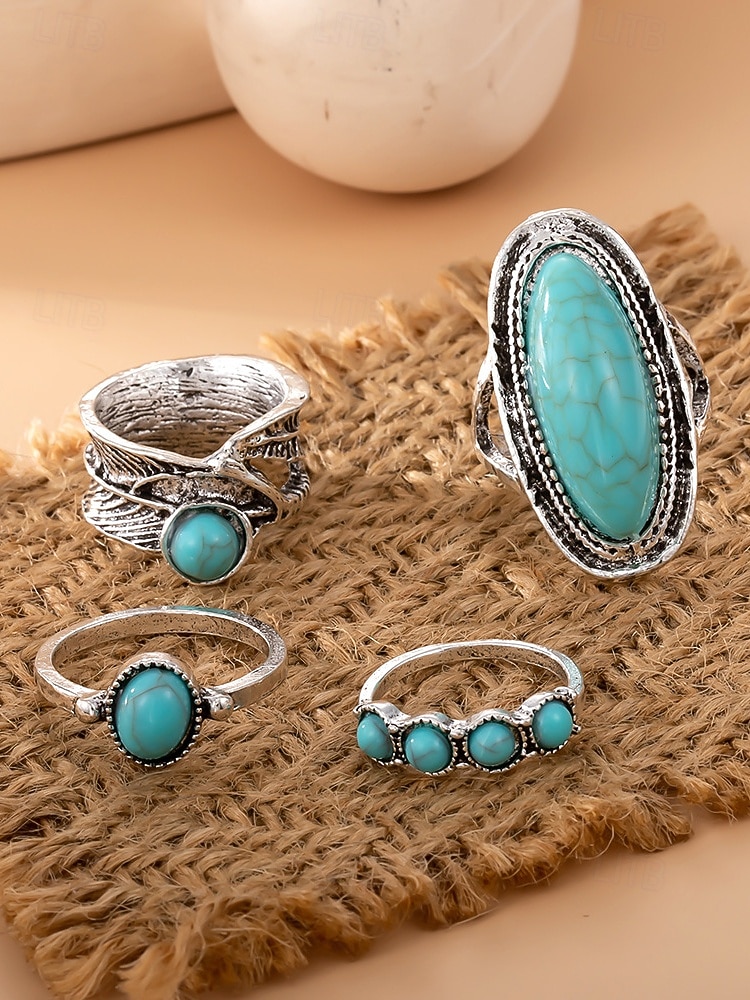 4-teiliges Set aus eleganten, ausdrucksstarken Türkisringen aus einer böhmischen Legierung für Damen – perfekt zum Stapeln und für den Strandurlaub oder den Alltag. 2026 - $9.99 –P5