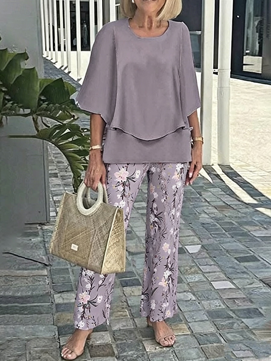 Women's Two Piece Sets Pants Sets Half Sleeve Butterfly Sleeve Round Neck Floral Graphic Ruffle Print Elegant Vacation Casual Daily Beach Blue Pink Purple Spring & Summer Loose Fit 2026 - $51.99 –P3