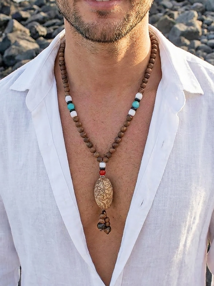 Collier pour homme en perles de bois naturel avec pendentif totem tibétain, bijou long à chaîne de style bohème ethnique, idéal pour la méditation, le yoga, les rassemblements spirituels et les tenues de 2026 ? $9.99 –P2