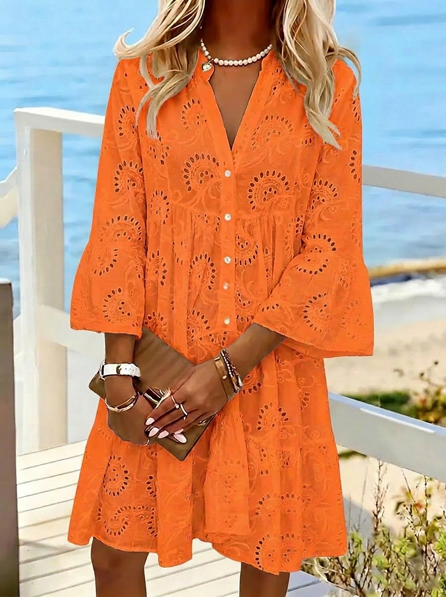 Women's Knee Length Dress White Dress Summer Dress Eyelet Dress Fashion  Modern Beach Vacation Holiday Loose
