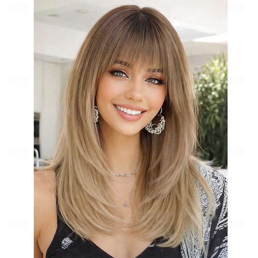 Parrucca bionda ombre con frangia per donna, parrucca liscia a strati di media lunghezza, naturale, ideale per feste e occasioni speciali. del 2026 a $34.99 –P1
