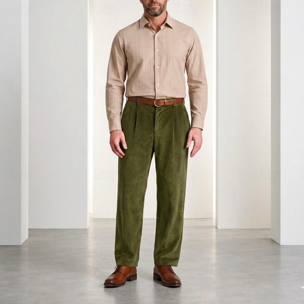 Calça social masculina de veludo - calça reta para ocasiões formais - verde militar de 2026 por $40.99 –P8