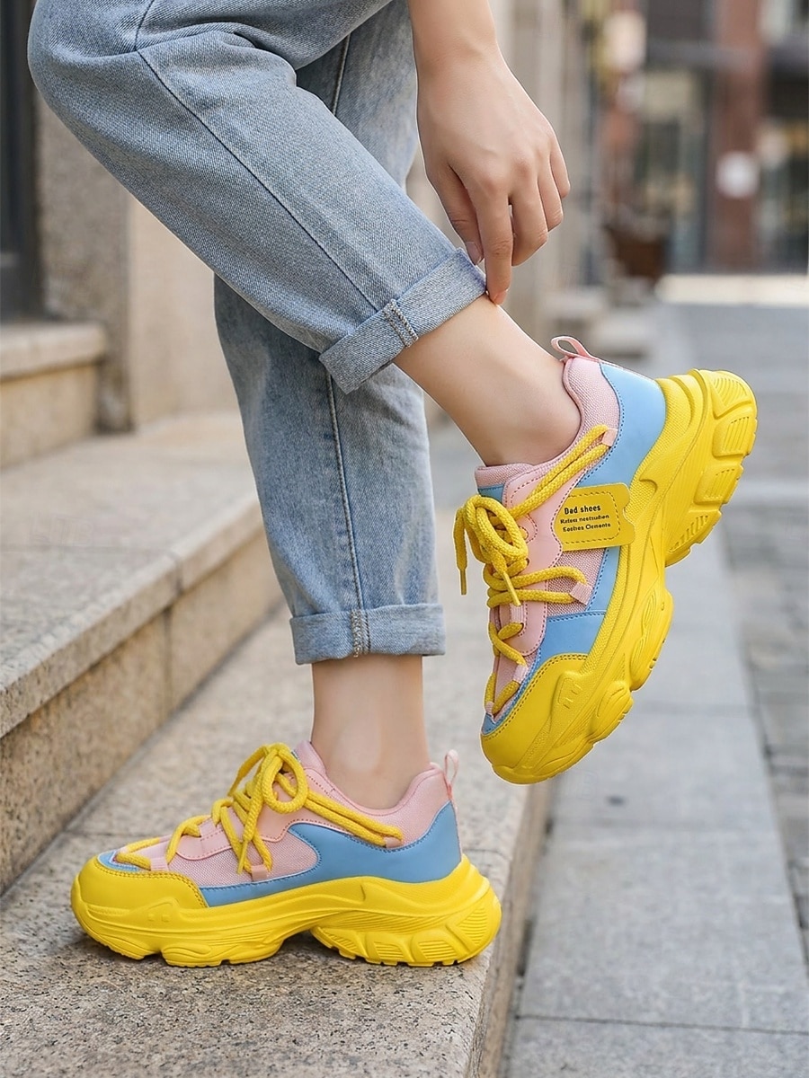 Tênis chunky feminino - tênis plataforma modernos em blocos de cores rosa, amarelo e azul para streetwear e festas casuais. &roupas de clube hip hop de 2026 por $42.99 –P1