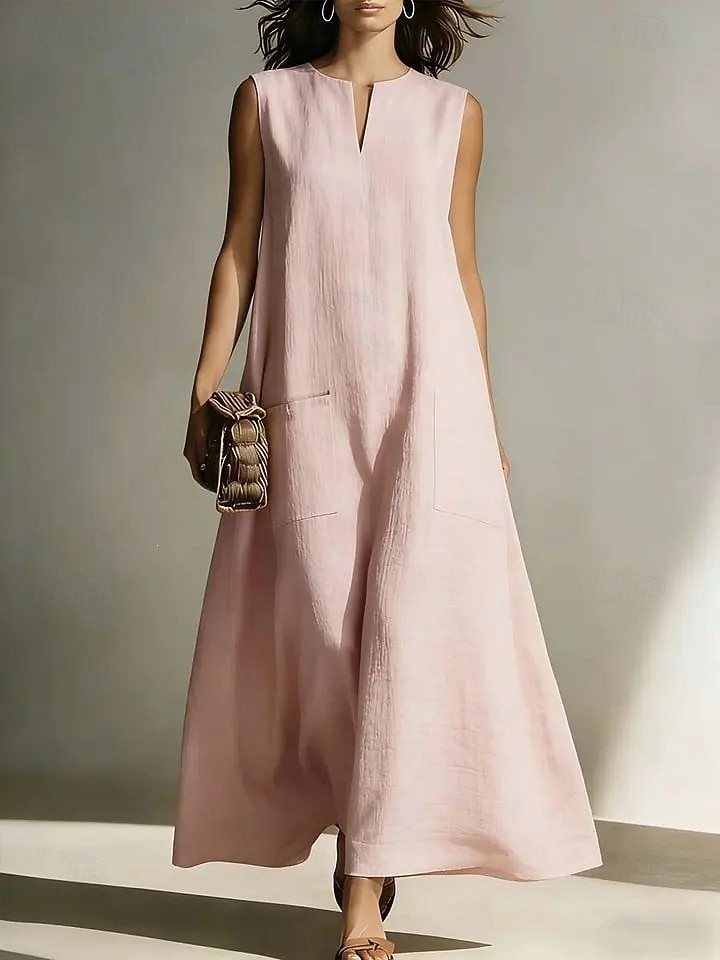 Women's  Vintage Boho Faux Cotton LinenBeach Loose Fit Plain Sleeveless Split Neck Maxi Dress Summer Spring 2026 - $25.99 –P3