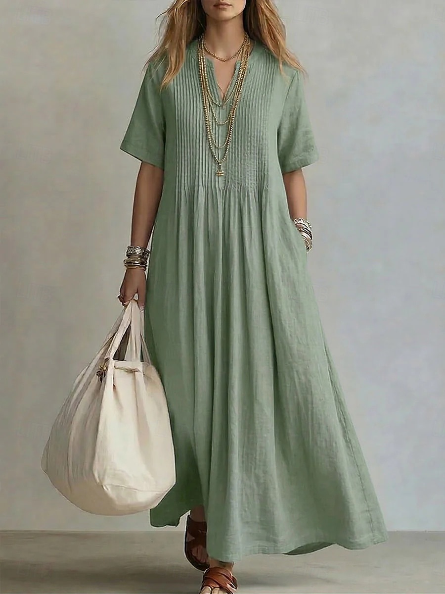 abito lungo da donna elegante stile bohémien boho con pieghe, scollo a V, maniche corte, vestibilità ampia, tinta unita, blu chiaro, azzurro, giallo, verde chiaro, estate primavera del 2026 a $15.49 –P7