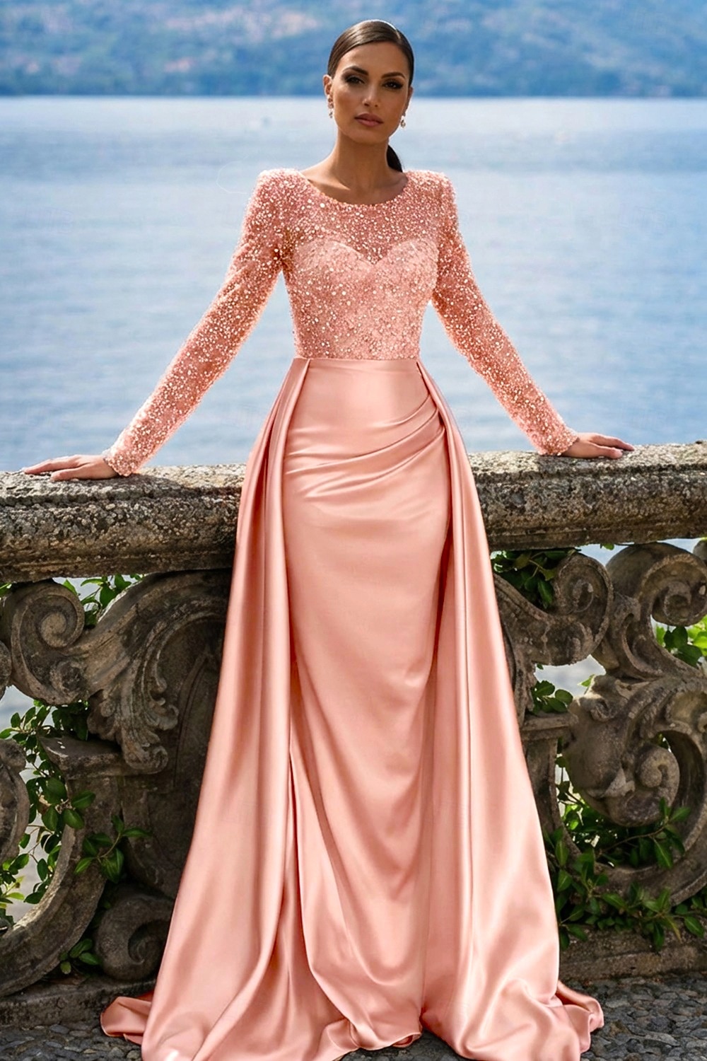Sirena Tromba Lunghezza al pavimento Abito da Sera Elegante Brillare & Splendere Manica Lunga Scollo Illusione Carnevale Mascherata Abito Champagne per la Madre della Sposa Raso Con Paillettes con del 2026 a $183.99 –P11