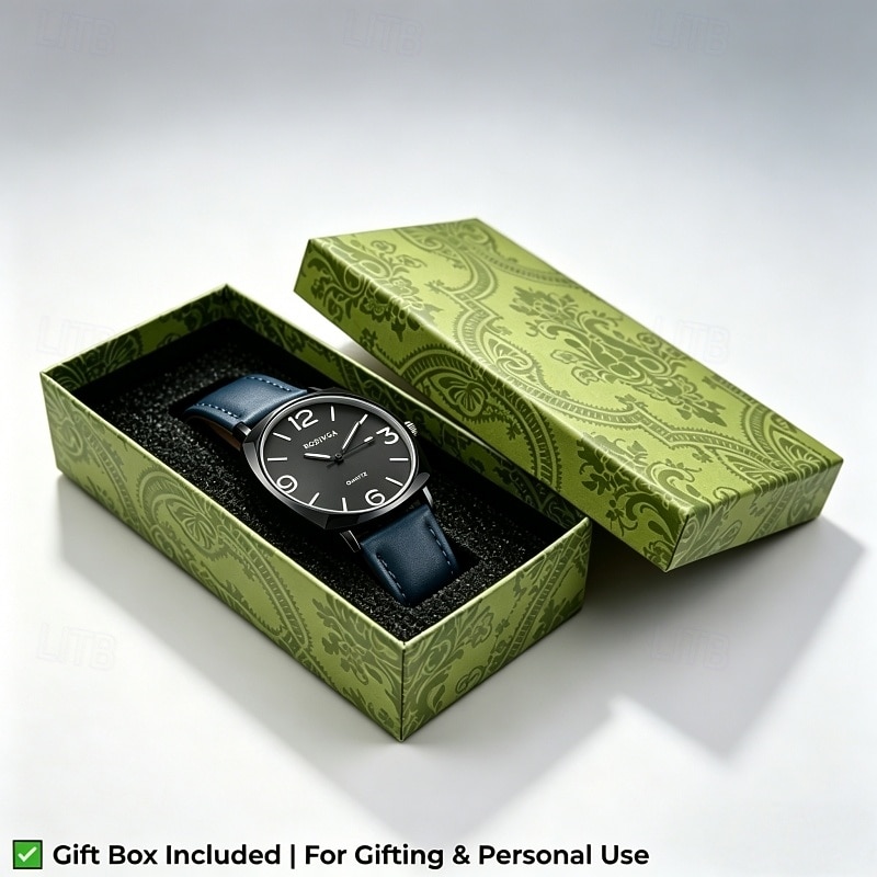 Minimalistisch quartz polshorloge voor heren met blauwe leren band, vierkante zwarte kast, witte wijzerplaat en grote Arabische cijfers. Eenvoudig, casual, modieus, zakelijk of chic horloge, een 2026 - $17.99 –P8