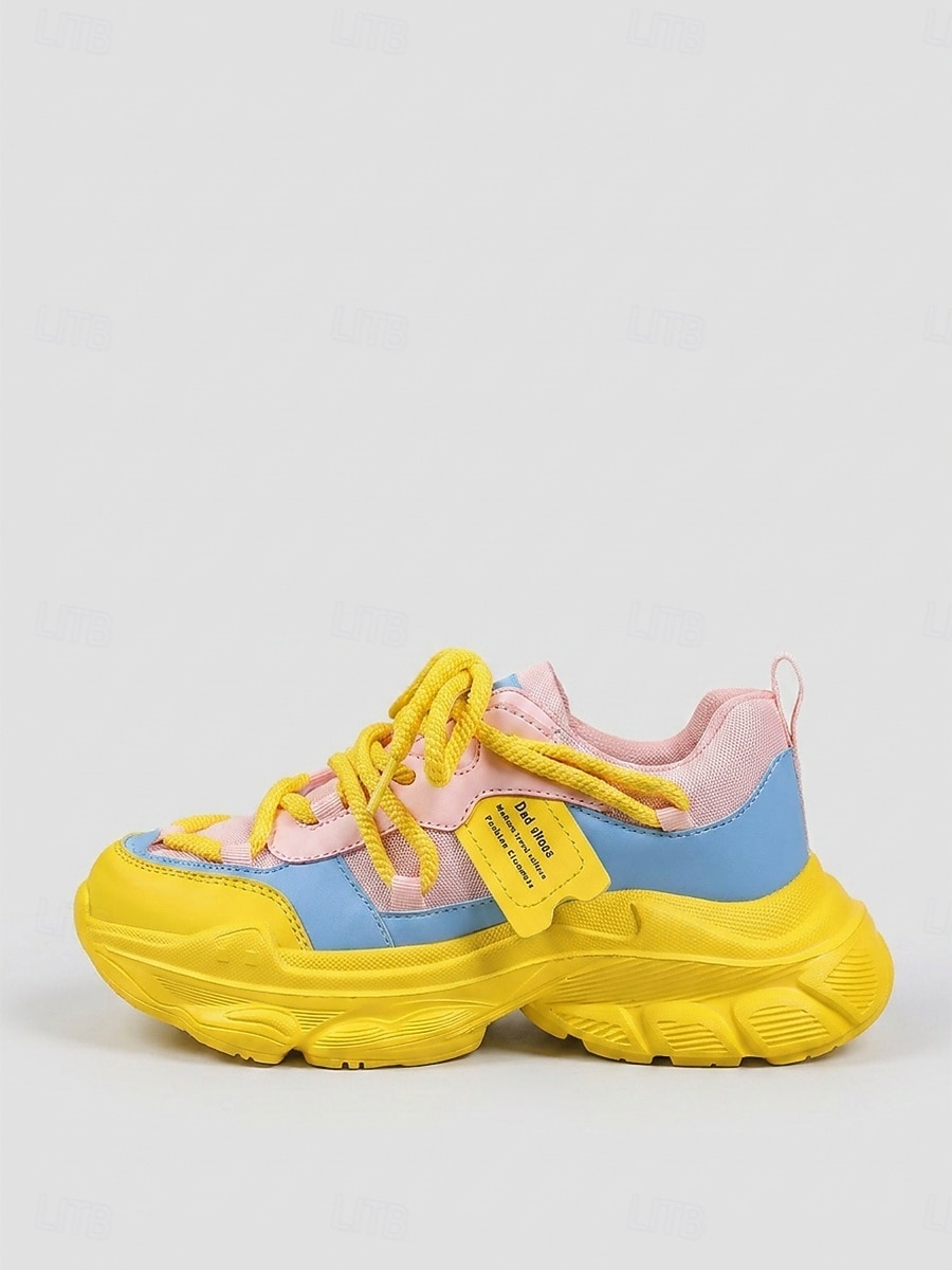 Tênis chunky feminino - tênis plataforma modernos em blocos de cores rosa, amarelo e azul para streetwear e festas casuais. &roupas de clube hip hop de 2026 por $42.99 –P4