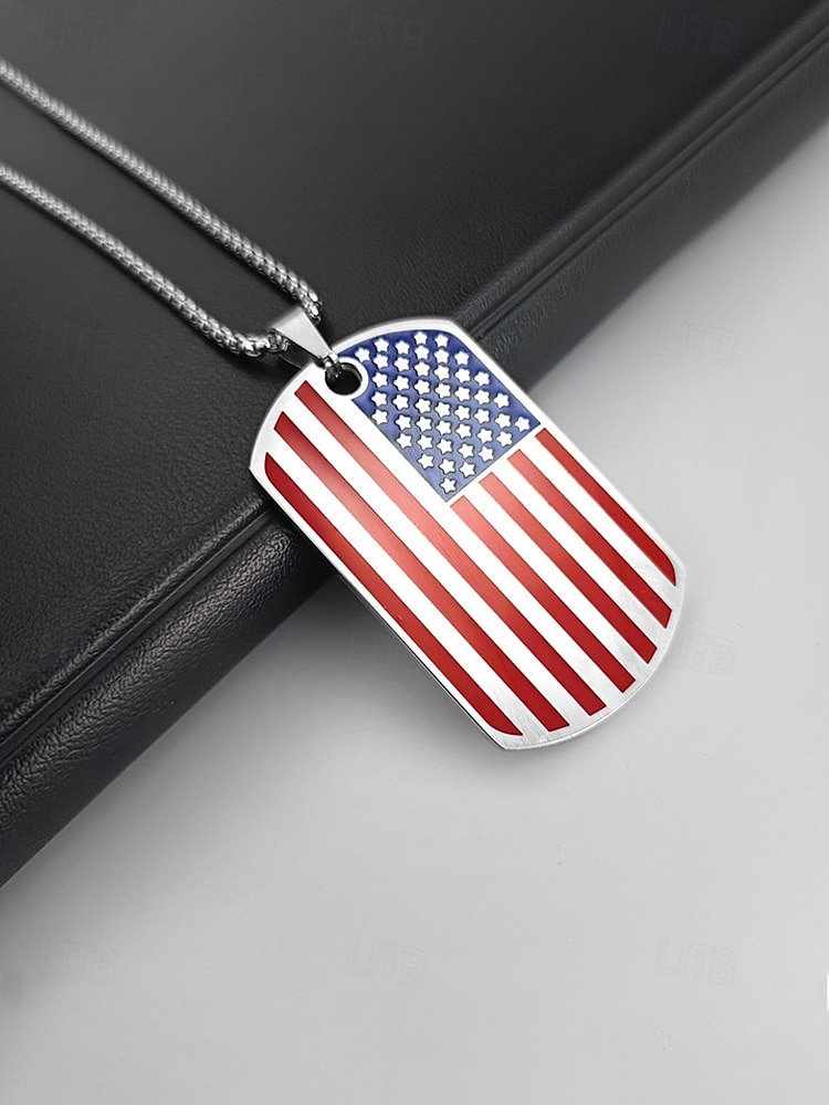 Herrekjede med USA-flagg i rustfritt stål - patriotisk militæranheng i flere farger til amerikansk 250-årsjubileum, uavhengighetsdagen og utendørssport &veteran gift 2026 - $11.99 –P7