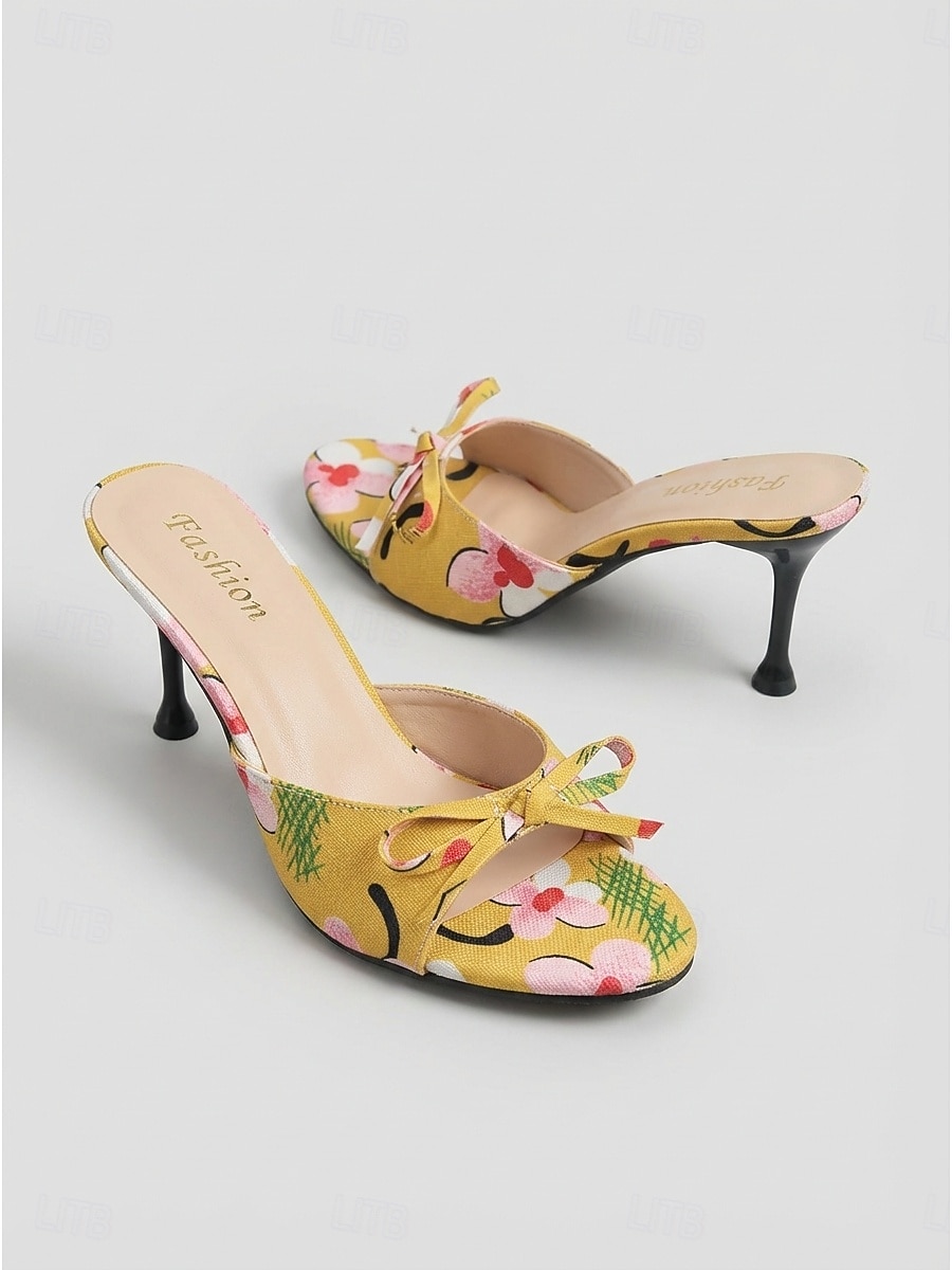 Women's Vibrant Yellow Floral Heeled Mules - Elegant High Stiletto Sandals with Bow Detail for Summer Vacations, Tropical Evening Parties & Tropical Getaway Dinners 2026 - $26.99 –P3