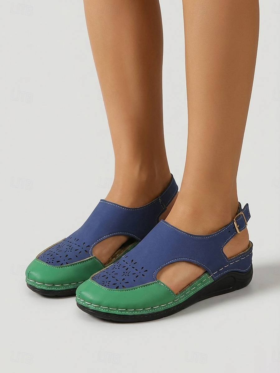 Damessandalen met gesloten neus in twee kleuren - comfortabele wedgehakken met uitgesneden details en geperforeerde bloemenaccenten. &Verstelbare enkelgesp, ademende casual sandalen voor dagelijks 2026 - $24.99 –P4