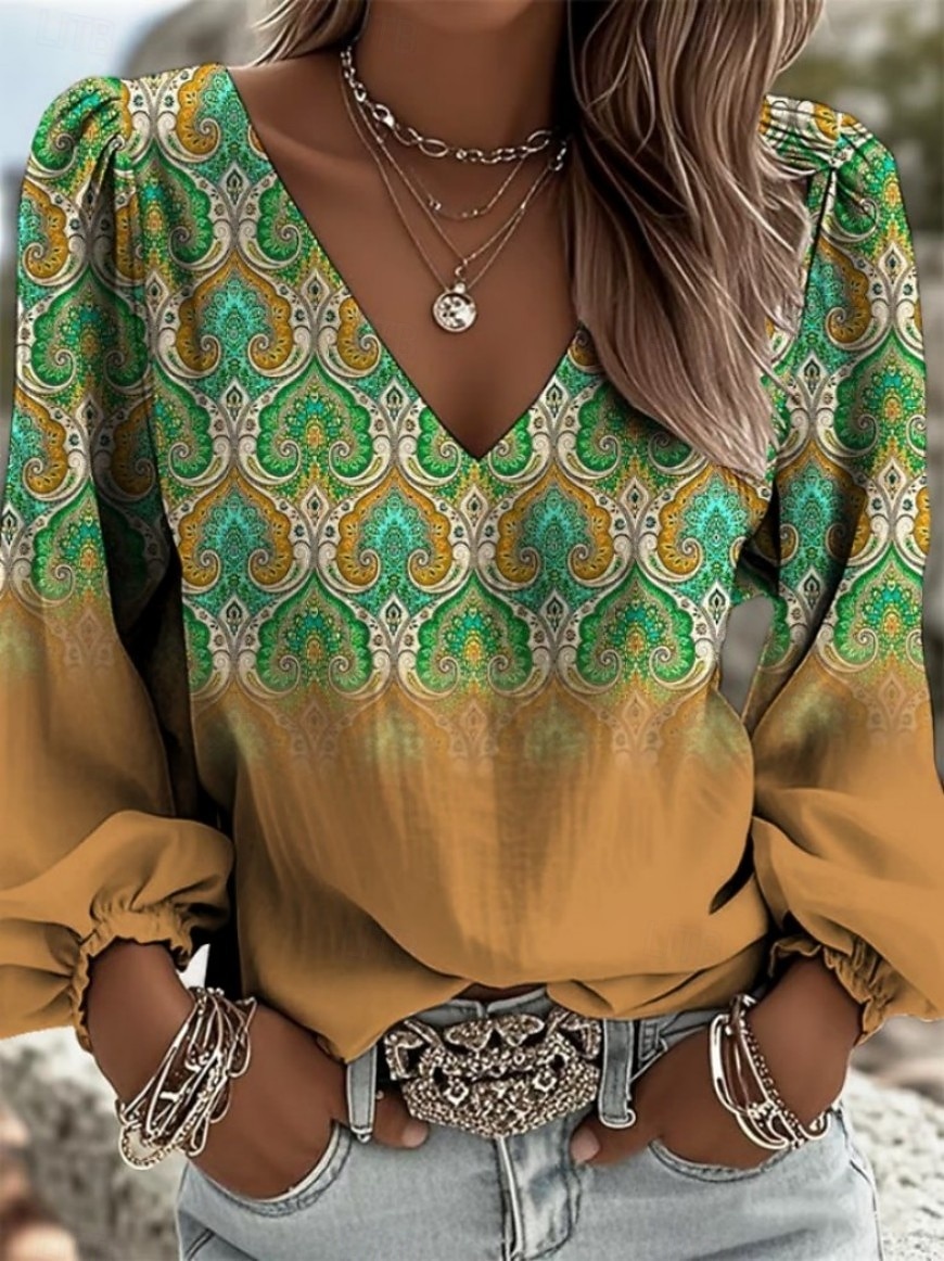 Women's Shirt Graphic Geometric Paisley Bohemia Vacation Vintage Long Sleeve V Neck Long Tops Casual Daily Holiday Blue Purple Orange Green Summer Spring Fall Winter 2026 - $32.99 –P1