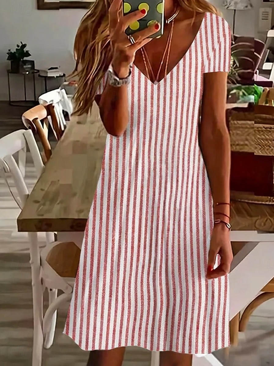 Women's Knee Length Dress Casual Dress Striped Dress A Line Dress Elegant Fashion Daily Vacation Regular Fit Striped Short Sleeve V Neck Blue Yellow Red Green Summer Spring 2026 - $26.99 –P5