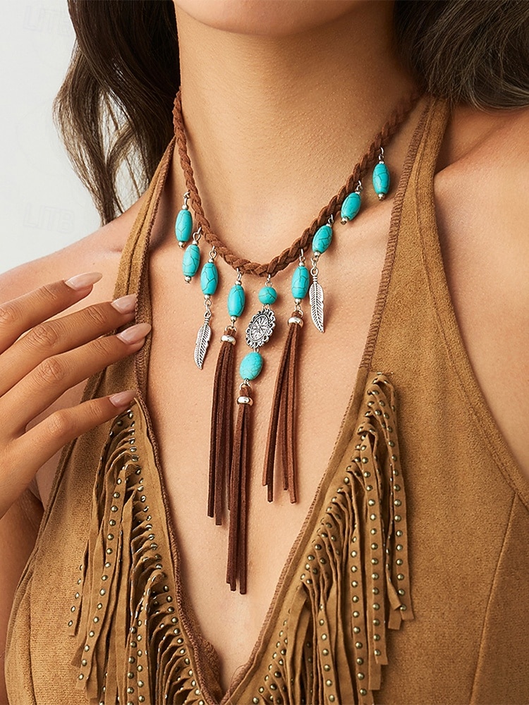 Women's Bohemian Alloy Turquoise Tassel Necklace, Statement Fringe Pendant Jewelry for Music Festival, Beach Vacation, Daily Casual Wear 2026 - $11.99 –P3