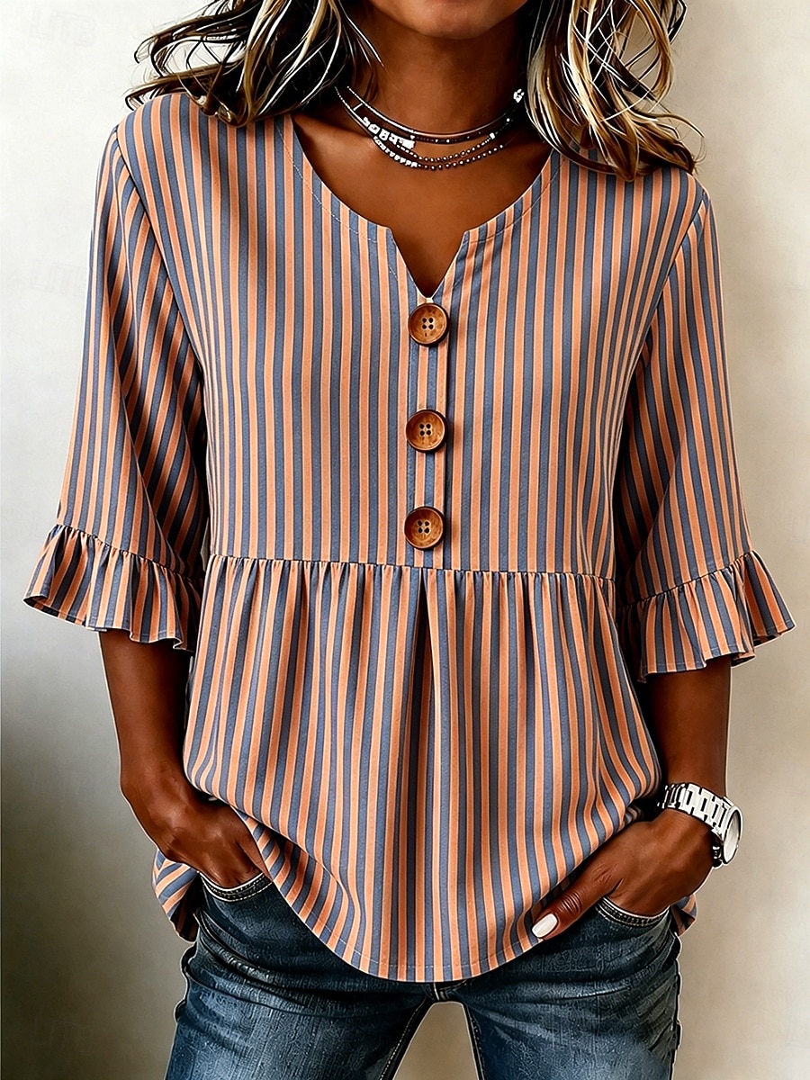Mujer Camisa Retazos Botones Estampado Graphic Geométrico A Rayas Vintage Elegante Manga Larga Escote en Pico Tops regulares Casual Diario Festivos Azul Piscina Amarillo Naranja Verano Primavera 2026 - $34.99 –P3