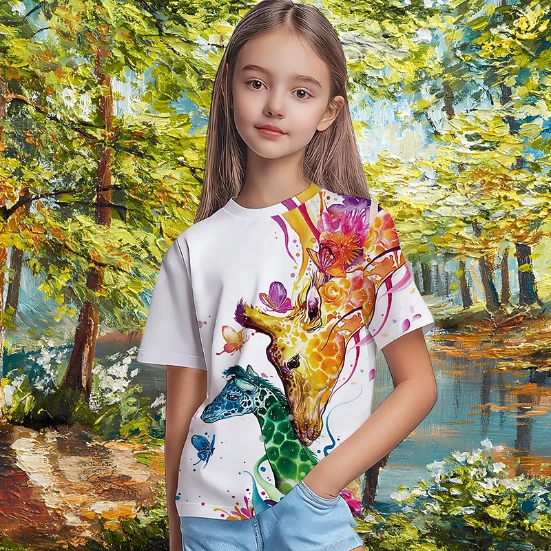 Girls' 3D Graphic Animal Giraffe T shirt Tee Short Sleeve 3D Print Spring Active Cute Kids 5-12 Years Daily School Regular Fit 2026 - $5.49 –P1