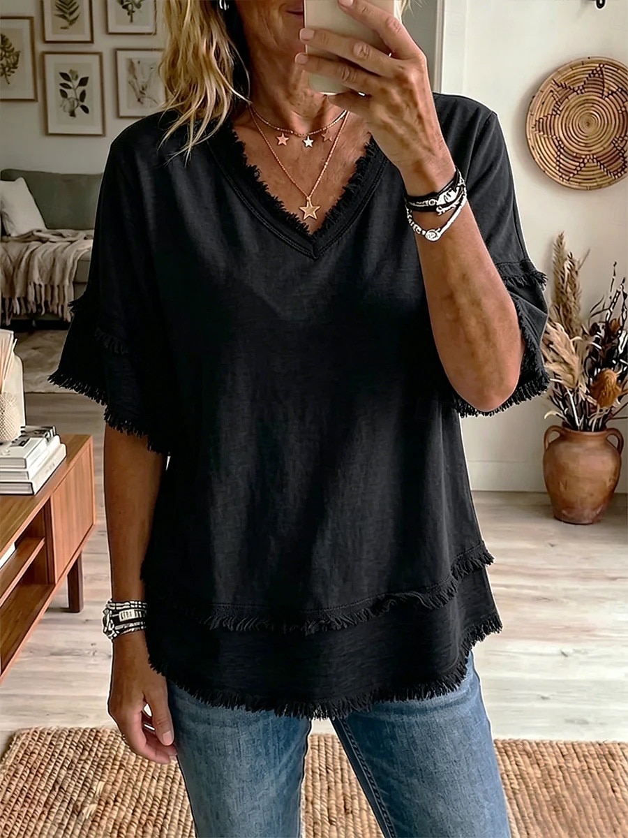 Dame Bluse Helfarge Årgang Stilfull Grunnleggende Kortermet V-hals Vanlige topper Avslappet Daglig Blå Svart Hvit Gul Rosa Sommer Vår 2026 - $27.99 –P9