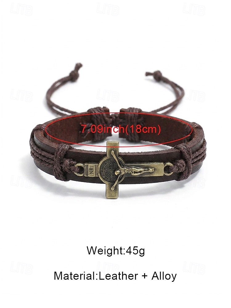 Men's Genuine Leather Alloy Cross Bracelet, Adjustable Black or Brown Wristband, Vintage Casual Jewelry for Daily Wear, Travel and Vacation Outfits 2026 - $7.99 –P9