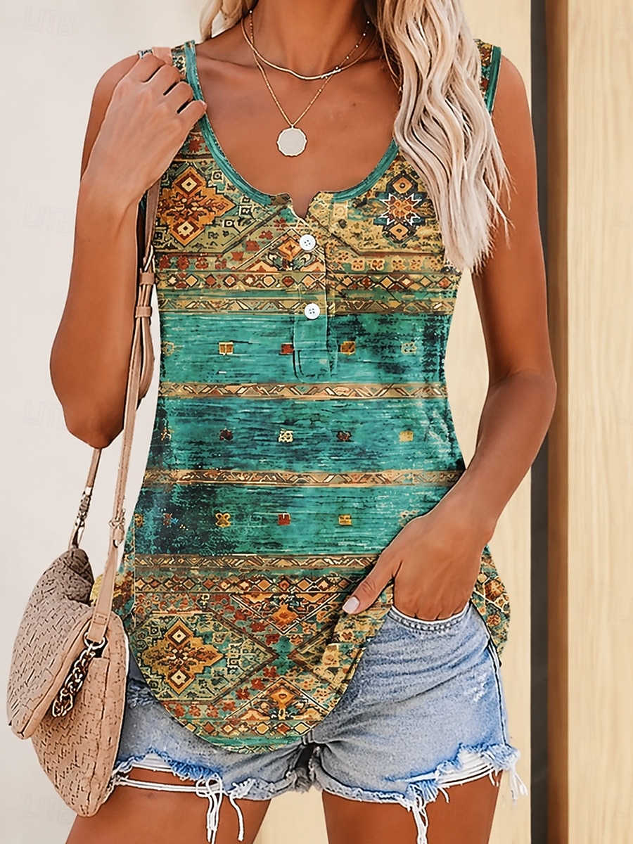 Damen Hemd Bluse Knöpfe Druck Grafik Geometrisch Bohemien Vintage Ethnisch Ärmellos U-Ausschnitt Lange Oberteile Lässig Täglich Grün Sommer Frühling 2026 - $21.99 –P2