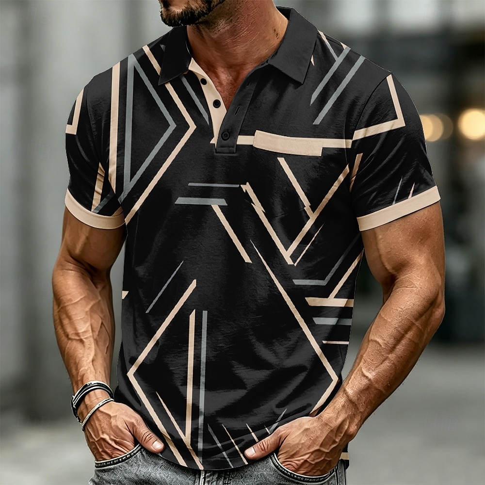 Men's Geometic Polo Shirts Short Sleeve Polo Shirts Collared Shirts Casual Outdoor Athleisure Daily Wear 3D Print Buttons Breathable Mesh Spring & Summer Blue Purple Brown 2026 - $24.99 –P3