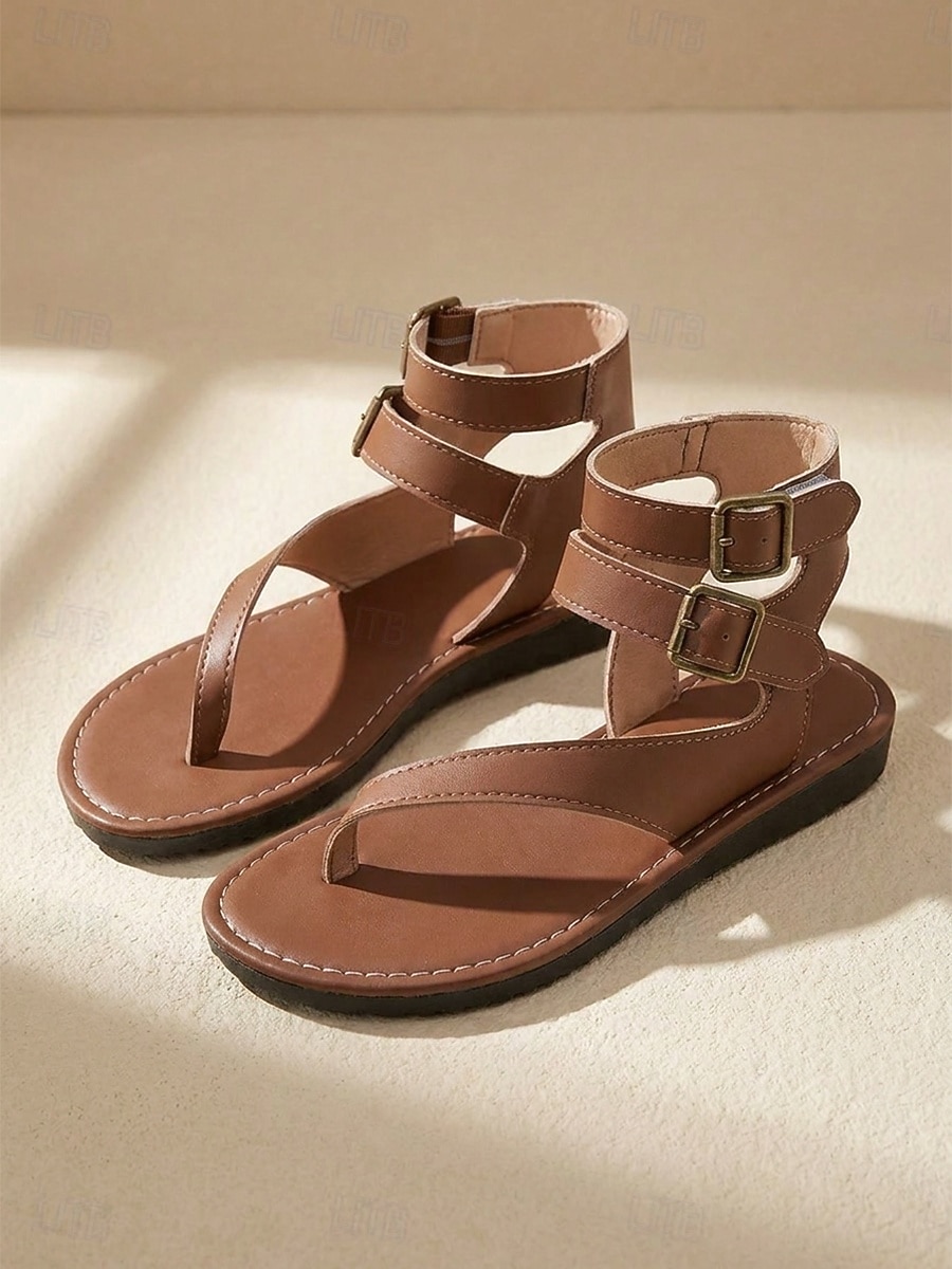 Women's Retro Leather Strappy Sandals - Casual Thong Flat Gladiators with Adjustable Ankle Buckle Straps for Island Vacation, Beach & Cruise 2026 - $24.99 –P3