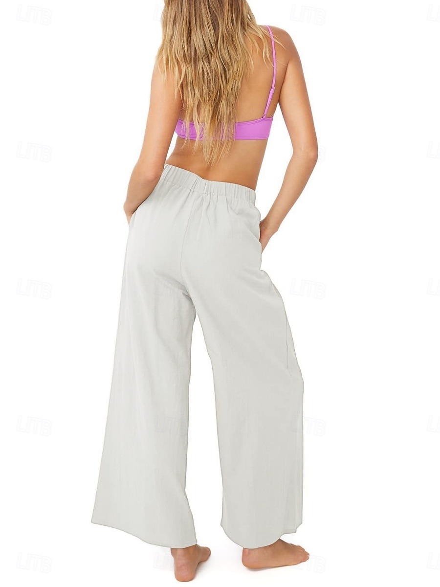 Mujer Algodón Perneras anchas Moda Ropa de calle Casual Longitud total Alta cintura Plano Bolsillo Cintura elástica Confortable Comodidad Suave Elástico Exterior Vacaciones Calle Azul Piscina 2026 - $22.99 –P2