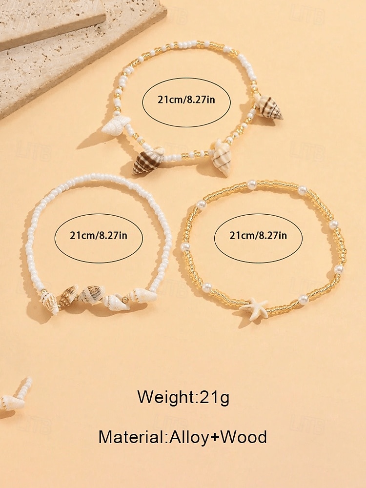 Women's Bohemian Shell Starfish Anklet 3-Piece Set, Shell Resin Stretch Beach Foot Jewelry for Seaside Vacation, Summer Travel, Daily Casual Wear 2026 - $7.99 –P6