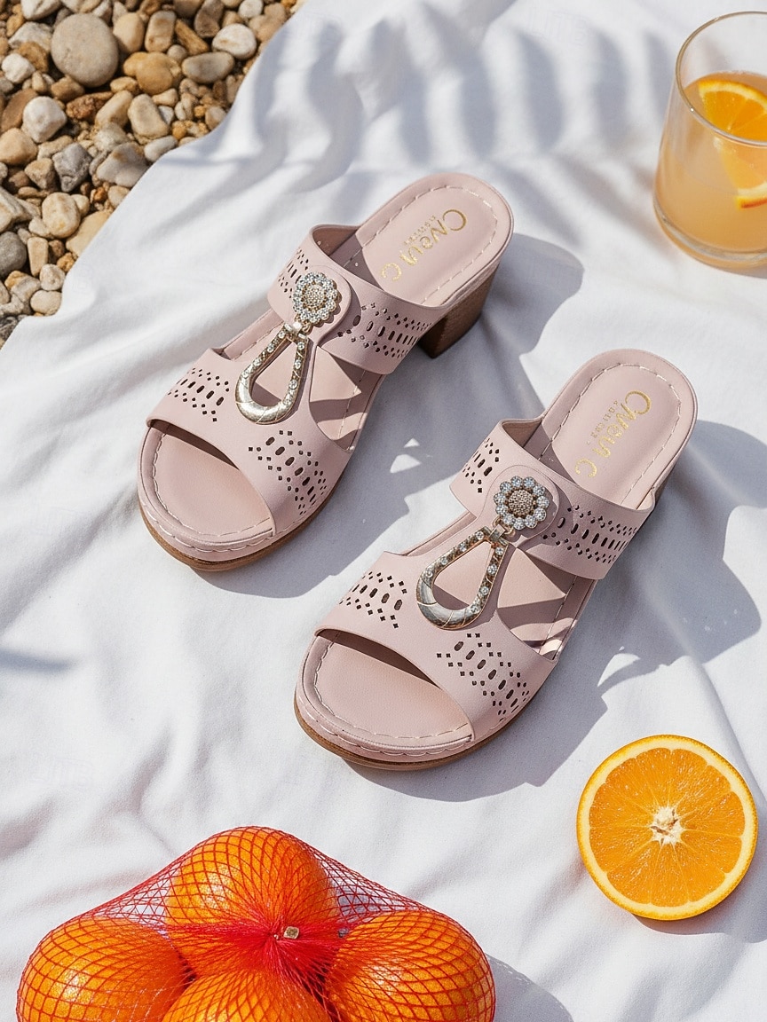 sandálias mule femininas de salto grosso – design com strass vazado, decoração com fivela retrô, sola confortável, para caminhadas ao ar livre, jardim e roupas casuais de verão de 2026 por $19.99 –P4