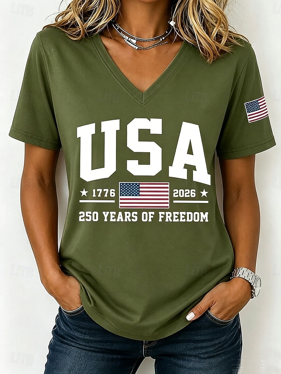 American Independence Day Women's T Shirt Print Graphic Letter American Flag Vintage Stylish Classic Short Sleeve V Neck Regular Tops Casual Daily Black Red Green Summer Spring 2026 - $21.99 –P6