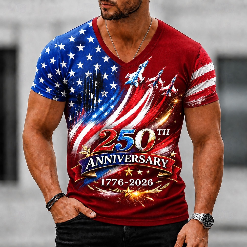 4th of July 2026 250th Men's American US Flag T Shirt Short Sleeve T shirt 3D Print V Neck Shirt Patriotic Daily Festival Blue Black White Spring & Summer Clothing Apparel S M L XL XXL XXXL 2026 - $18.99 –P2