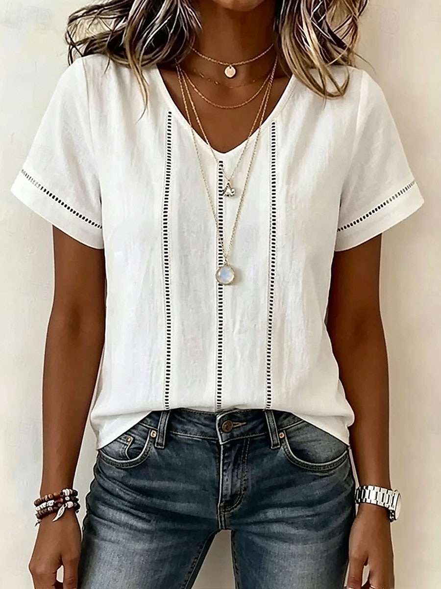 Women's Blouse Lace Trim Solid Color Vintage Stylish Basic Short Sleeve V Neck Regular Tops Casual Daily Blue White Pink Summer Spring 2026 - $29.99 –P3