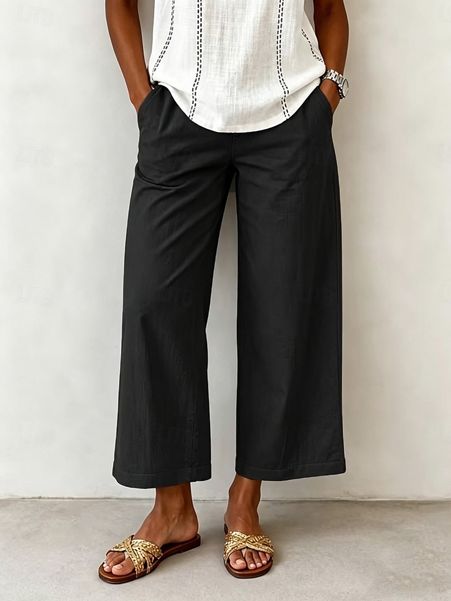 Women's Wide Leg Trousers Casual Pants Vacation Fashion Streetwear Full Length High Waist Plain Pocket Elastic Waist Comfortable Breathable Inelastic Daily Vacation Street Light Gray Dark Grey Black 2026 - $10.49 –P15