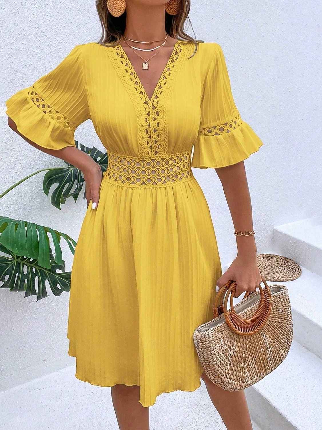 Women's Knee Length Dress Sundress Casual Dress Vacation Casual Boho Beach Party Date Regular Fit Plain Short Sleeve V Neck Blue White Yellow Red Summer Spring 2026 - $32.99 –P11