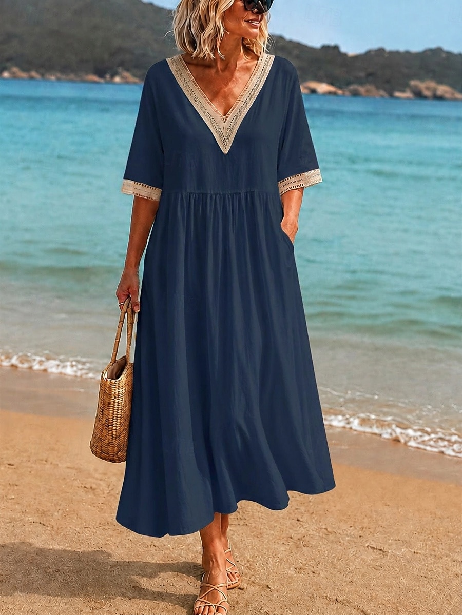 Pentru femei Rochii Midi Rochie de dantela Rochie albă Rochie de vară Elegant Modă Zilnic Plajă Vacanță Potrivire Largă Simplu Manșon Jumate În V Alb Bleumarin Albastru Deschis Vară Primăvară 2026 - $25.99 –P3