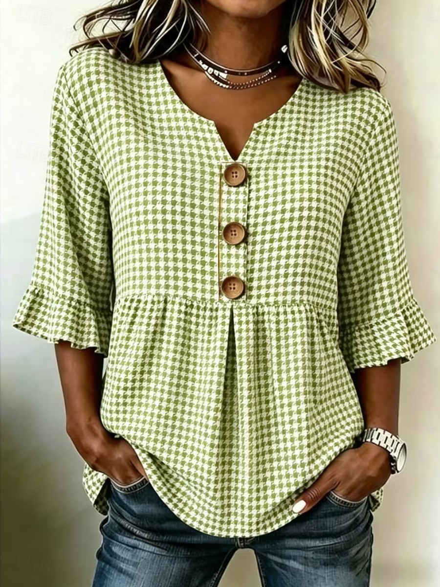 Easter Women's Shirt Graphic Geometric Vintage Stylish Long Sleeve V Neck Crop Tops Casual Daily Holiday Black and gray Light Green Light Brown Summer Spring 2026 - $32.99 –P6