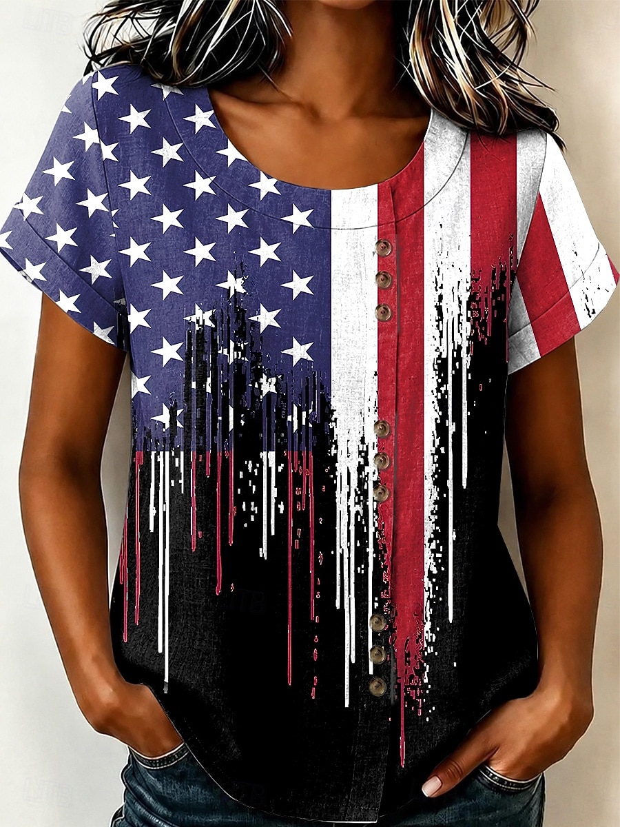 American Independence Day Women's Blouse Buttons Print Floral Graphic Vintage Tropical Stylish Short Sleeve Crew Neck Long Tops Casual Holiday Blue + Red Black Red Summer Spring 2026 - $25.99 –P5