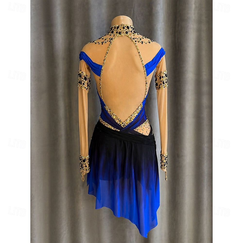 Eiskunstlaufkleid Damen Eislaufen Kleid Dunkelblau Patchwork Daumenloch Dehnbar Training Wettbewerb Eiskunstlaufkleidung Klassisch Kristall / Strass Langarm Eislaufen Eiskundstlauf 2026 - $364.99 –P2