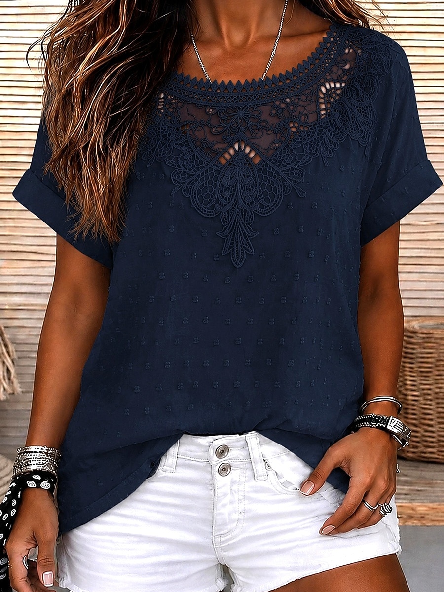 Per donna Camicia Camicia Boho Camicia di Pizzo Pizzo Elegante Bohemien Vacanza Manica Corta Top lunghi Casuale Bianco Blu marino Arancione Estate Primavera del 2026 a $21.99 –P6