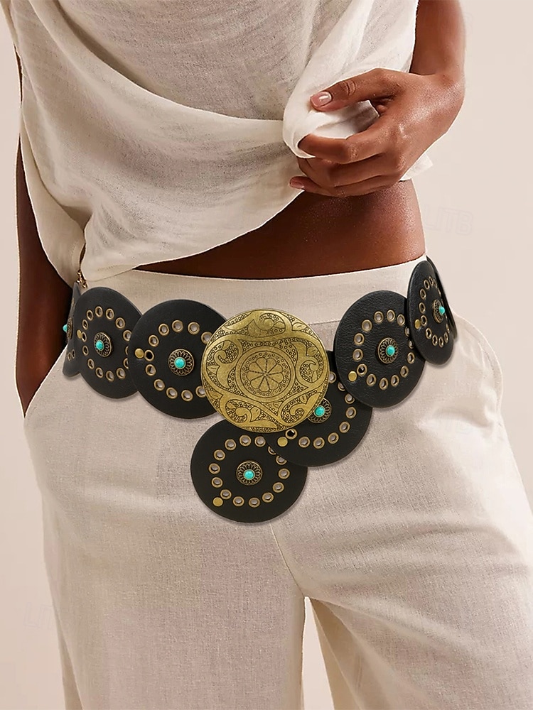 Boho-Gürtel mit runden Conchos für Damen, Western-Taillengürtel aus Kunstleder mit türkisfarbenen Nieten, Vintage-Gürtel mit Concho-Verzierung für Kleider, Festivals, Urlaub, Cowgirl-Look und lässige 2026 - $18.99 –P4