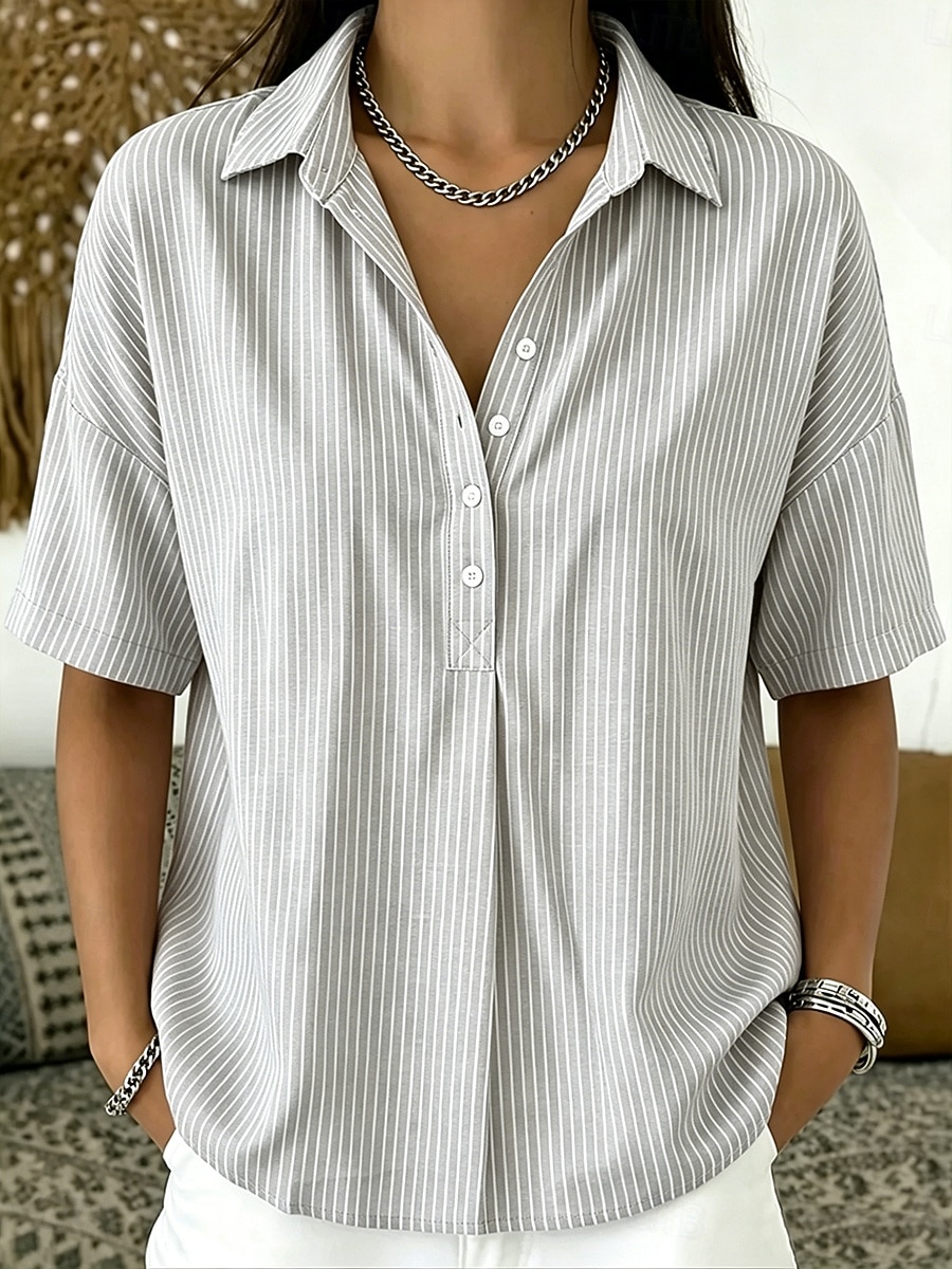 Mulheres Camisa Social Botões Imprimir Gráfico Geométrica Listrado Vintage Diário à moda Manga Curta Aberto para a Lateral Tops longos Casual Diário Feriado Azul Rosa Cinzento Verão Primavera de 2026 por $33.99 –P3