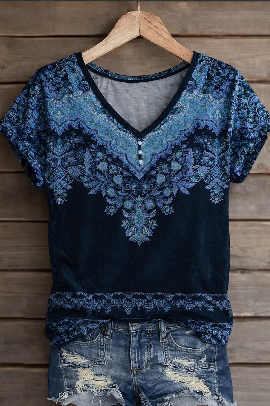 Women's T Shirt Print Floral Graphic Plants Vintage Stylish Classic Short Sleeve V Neck Regular Tops Daily Weekend Blue Brown Gray Summer Spring Fall Winter 2026 - $21.99 –P3