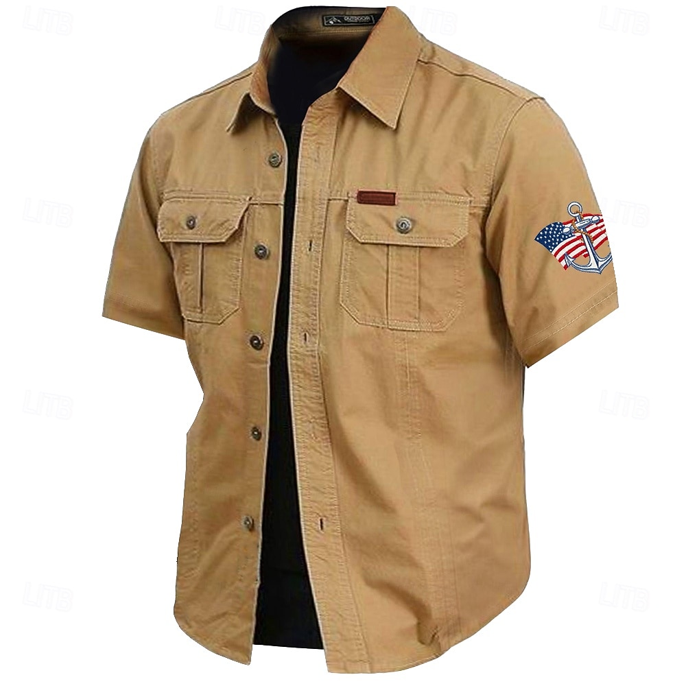Hombre 4 de julio, 250 aniversario de Estados Unidos Ancla Bandera estadounidense Camisa de trabajo de algodón camisa occidental Camisa cargo Manga Corta ejército militar Patriótico Casual Para 2026 - $27.99 –P3