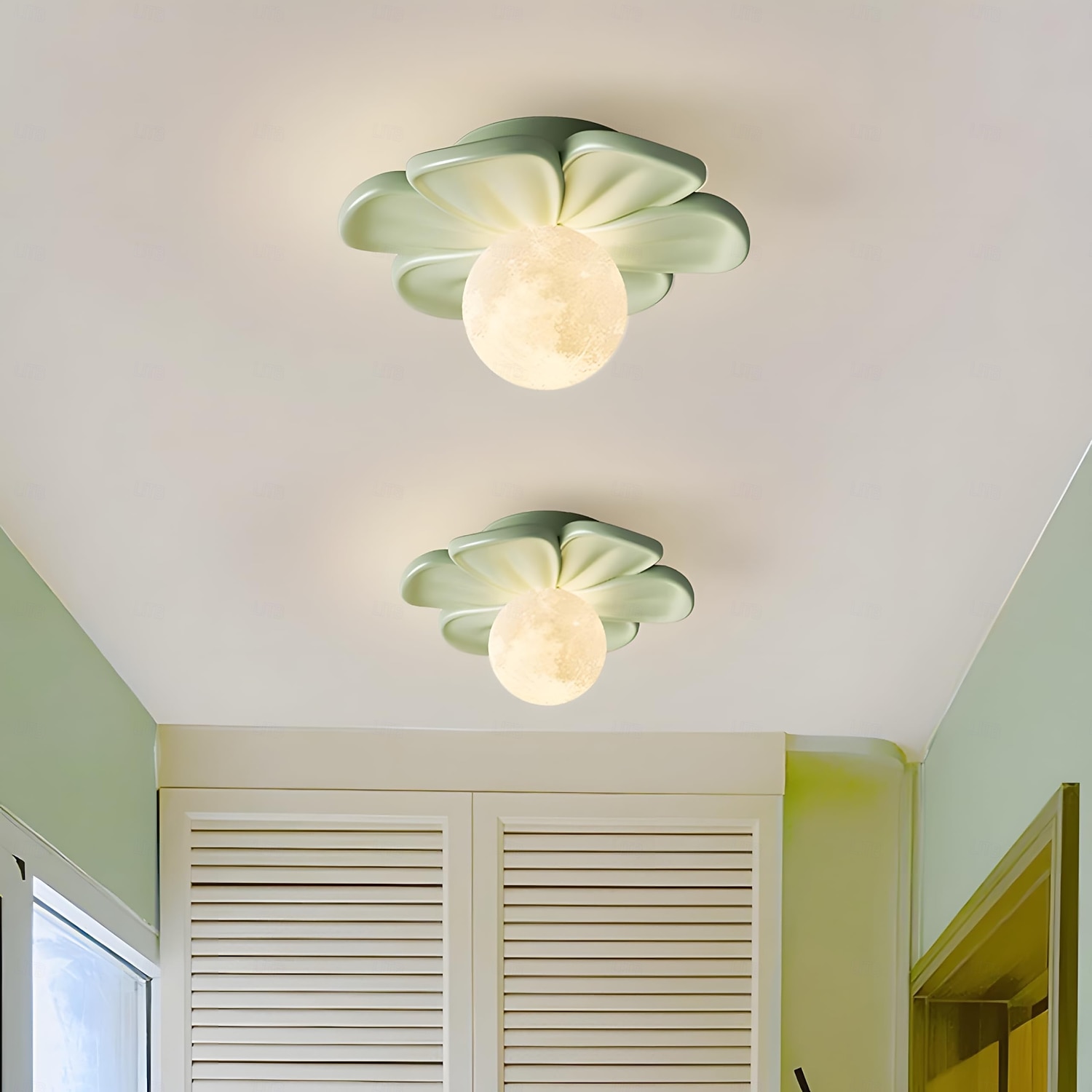 Lampă de tavan semi-încastrată, corp de iluminat modern pentru hol, cu floare verde din rășină, bec inclus, lumini 3D cu lună pentru insulă de bucătărie, dormitor, living, verandă, coridor 2026 - $90.99 –P17