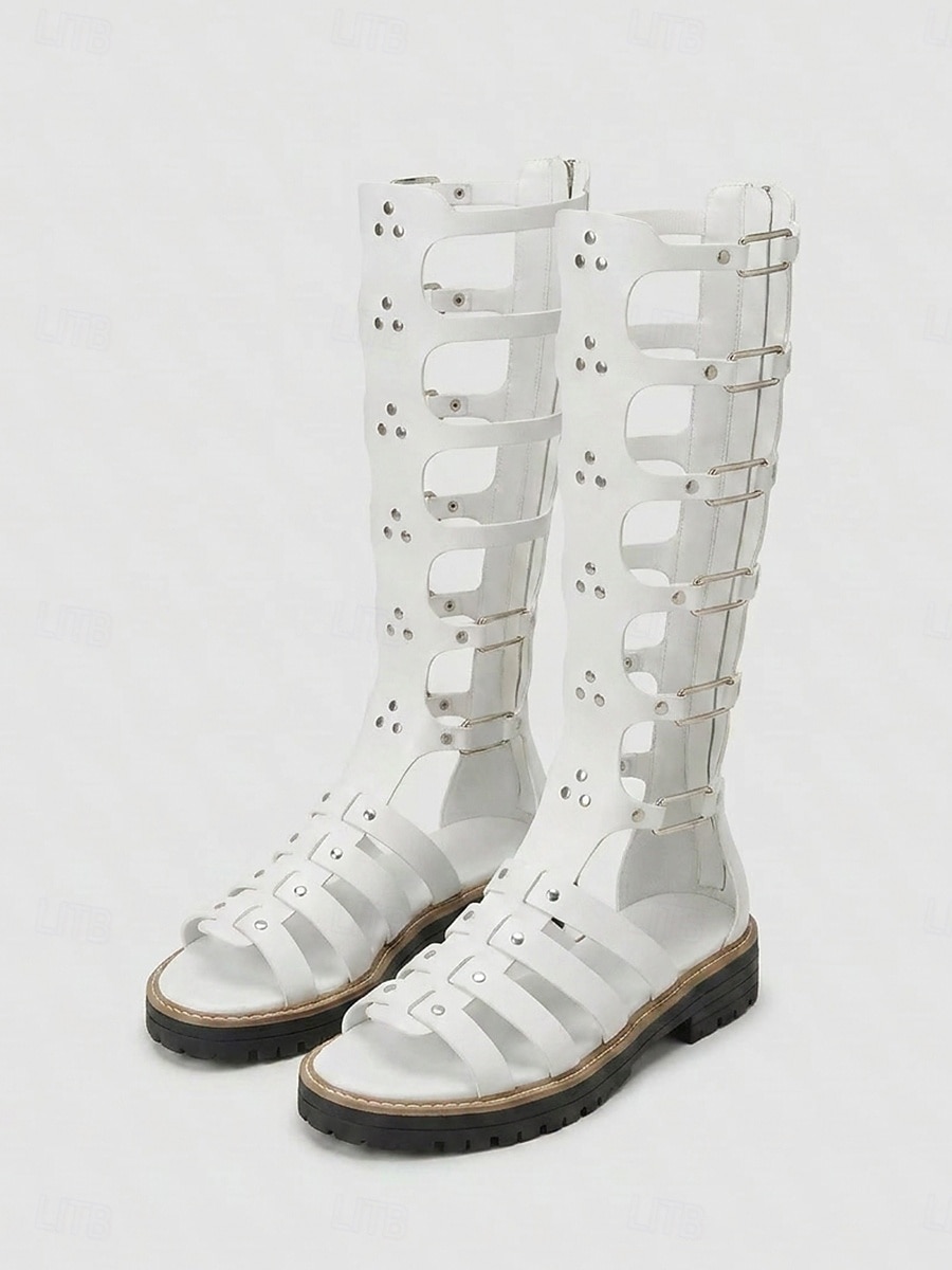 Women's Tall Gladiators Sandals - Edgy Black Knee-High Summer Boots with Multiple Buckles, Studs & Lug Sole for Music Festivals, Tropical Vacations & Outdoor Adventures 2026 - $46.99 –P2