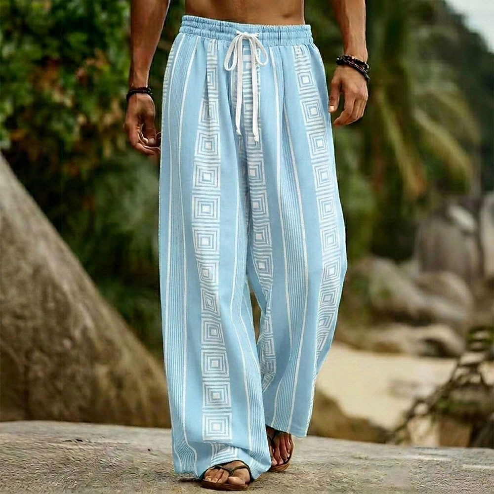 Men's Geometric Striped Bohemian Trousers Pants Trousers Baggy Pants Mid Waist Ethnic Outdoor Vacation Dailywear Drawstring Elastic Waist Wide Leg Summer Spring 3D Print Blue White Brown 2026 - $27.99 –P2