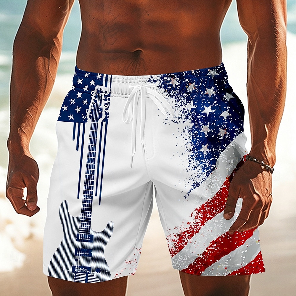 4th of July 2026 250th Men's Guitar American Flag Swim Trunks Bathing Suits Swim Shorts Board Shorts Mid Waist Patriotic Daily Holiday Side Pockets Mesh Lining Elastic Drawstring Waist Designer 2026 - $20.99 –P2