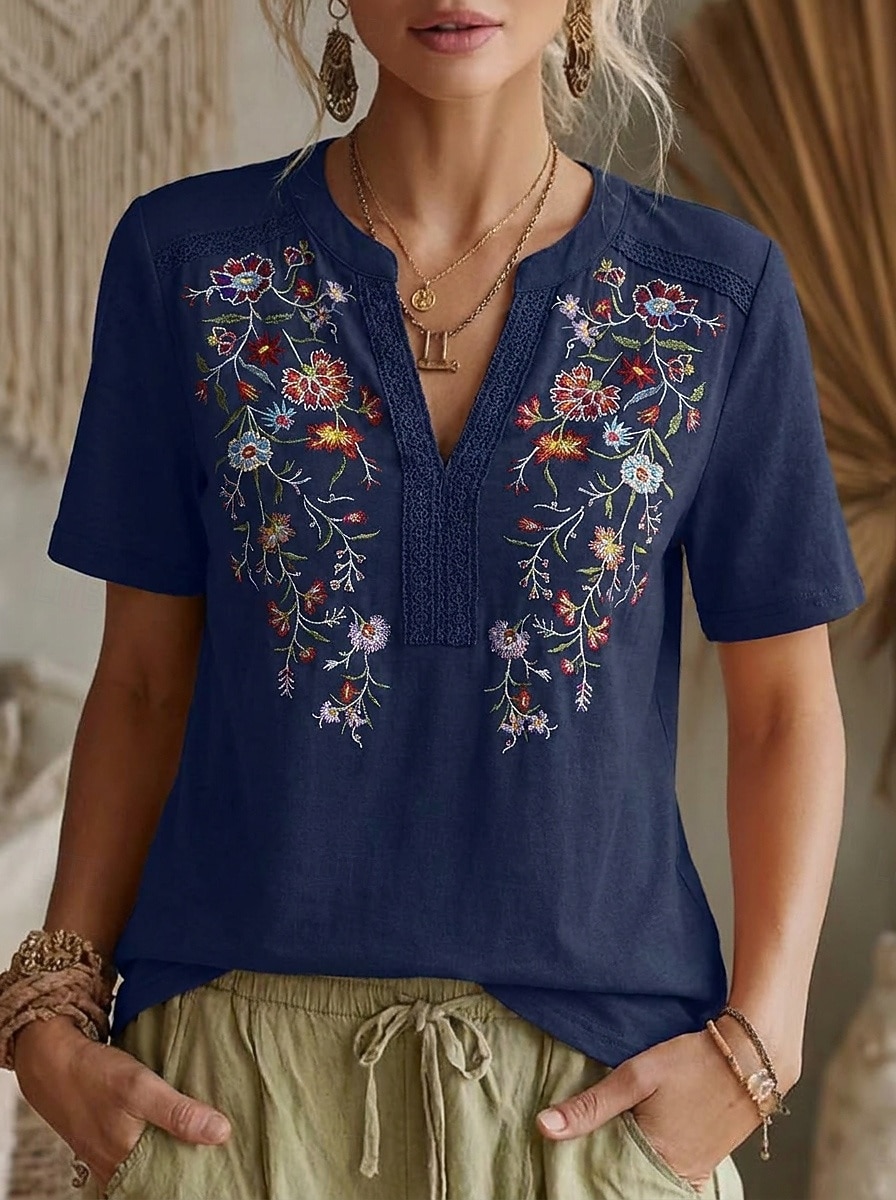 Femmes Chemisier Hauts en dentelle Chemises brodées Dentelle Broderie Fleuri ancien Boho Manche Courte Col en V Hauts Réguliers Occasionnel Fête Été Noir Vert Véronèse bleu marine Violet Marron Ét de 2026 ? $22.99 –P2