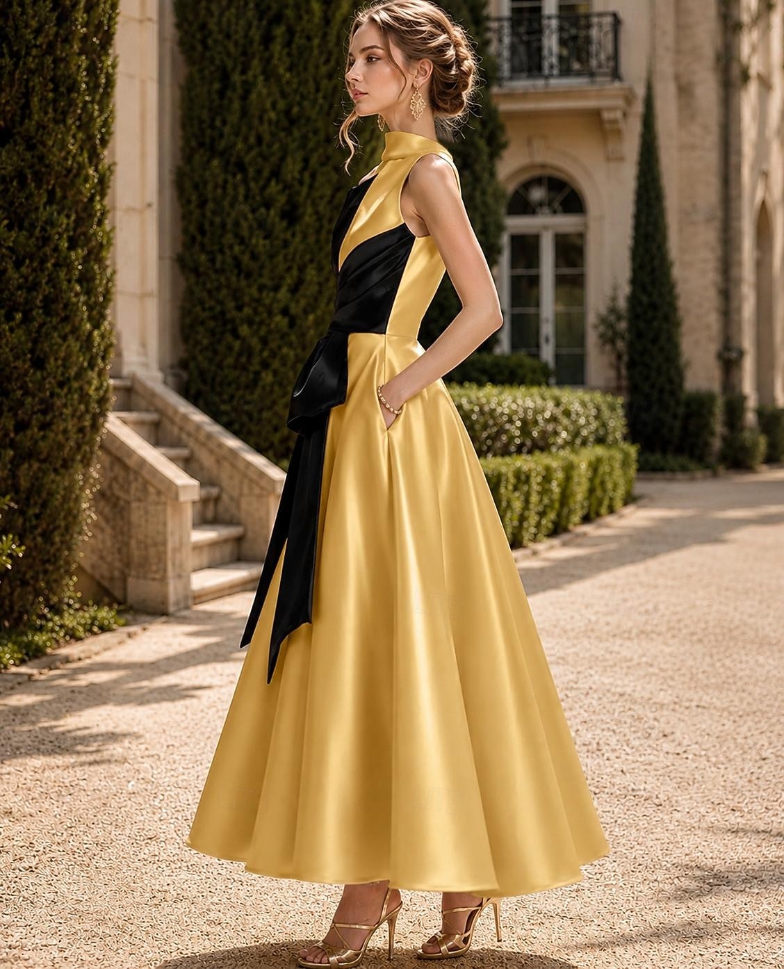 Linha A Longuette Vestidos de cocktail Vestidos de festa Elegante Sedoso Sem Manga Gola Redonda Casamento Formal Bolsos Cetim com Laço(s) Miçangas de 2026 por $149.99 –P2