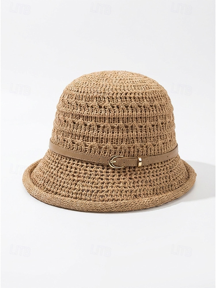 Chapéu bucket feminino em poliéster trançado com cinto de couro, chapéu de sol leve para o verão, ideal para férias, praia, uso casual ao ar livre e dia a dia. de 2026 por $14.99 –P6